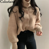 New 2021 Women's Sweaters Winter Spring Turtleneck Fashionable Buttons Oversize Short Cardigans Knitwear
