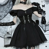 Cross Print Strap Shoulder Lace Spliced Dress Dark Sexy Slim Princess Dress-Outfit
