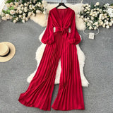 Sleeve Jumpsuit Spring Style V-Tie Waist Long Style Pleated Wide-Leg Trousers-Outfit