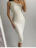 Slanting Shoulder Solid Color Knitted Dress Ins Xia Xian Slim Body Including Hip Middle Skirt Sleeveless Summer-Outfit