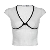 Girl Feeling Lace Bow Stitching Small Sexy V-Collar Perspective Color Slim Flying Sleeve T-Shirt