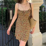Summer Brown Floral Print Backless Sling Dress Summer Woman Adjust Spaghetti Strap Short Dresses Beach Holiday