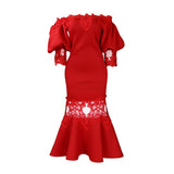 Fongt Women's One-Word Collar Bubble Sleeve Lace Splicing Banquet Fishtail Dress Dress Dress Dress Dress Dress