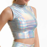 Silver Holographic Multi Designs Tank Tops Fashion Strapless Tube Top Turtleneck Crop Top New Strap Camis Sleeveless