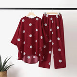 Bohemian Summer Polka Dots Printed Holiday Matching Sets Long Sleeve O-Neck High Low Blouse Femme Fashion Casual