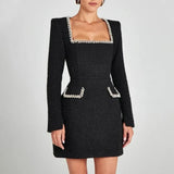 Tweed Solid Beaded Seam Mini Dress-Outfit
