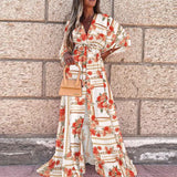 Autumn New Wish Sexy V-Tie Single-Breasted Floral Beach Dress-Outfit