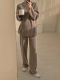 Sweaters Two-piece Hem Slit O-Neck Pullover Elegant Women's Sets Fashion Straight Wide Leg Pants Suits for Women
