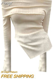 Elegant Apricot Yellow Sweaters Sexy Chic Slash Neck Women Clothing Off Shoulder Long Sleeve Knitted Pullover Split