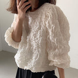 Chic Spring Retro Simple Round Collar Design Pleated Loose Versatile Bubble Sleeve Sleeve Shirt Jacket-Outfit