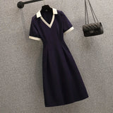 Women Summer Short Sleeve Dresses Office Ladies Elegant V Neck High Waist A-line Vestidos 2022 Fashion Female