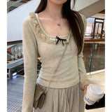 Lace Collar Bow Tie Bottom Shirt Women's New Spring Blouse Design Sense Minority Wear Long-Sleeved