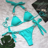 Fongt New Swimsuit Sexy Crystal Diamond Solid Color Strap Bikini Beach Vacation Swimsuit