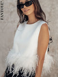 Patchwork Feather Pullover Women Tops White Sleeveless Round Neck Solid Tops Women Summer Loose Fashion Party