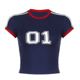 Fongt Style Digital Print Contrast Color Short-Sleeved T-Shirt Female Retro Round Collar Casual Versatile Crop Top-Outfit