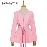 Casual Pink Lace Up Korean Fashion Slim Female Blazer Notched Long Sleeve Solid Women Outfits Spring 2021 Style