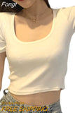 Women Crop Tops Shirts Harajuku Female U Neck Short Sleeve Solid Color Slim Fit Short T-shirts Tees Women's