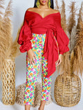 Fongt New Summer Fashion Solid-Colored Bare Shoulder Cross Strap Bubble Sleeve Sexy V-Neck Shirt African Top