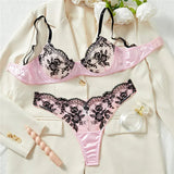 Pink Satin Black Lace Patchwork Lingerie Set-Outfit