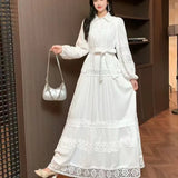 Fongt Retro Elegant Lace Splicing Strap To The Waist Lantern Sleeve Dress Female Thin Temperament Court Style Dress