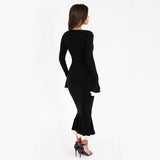 Solid Long Flared Two-piece Crop Sleeve Midi Dress-Outfit