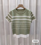 Kong Flavor Retro Chic Striped Shoulder Short Sleeve T-Shirt Girls Summer Thin Retro Thin Ice Silk Knitted Shirt