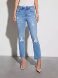 Direct Selling Spring And Summer Fashion Lady Blue Broken Hole Tassel Nine Split Pants Small Foot Jeans-Outfit