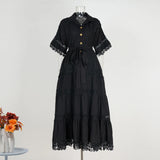 Fongt And Autumn New Court Style Small Retro Hollow High-End Lace To Receive Short-Sleeved Collar Long Dress