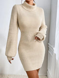 Fongt Women's Sweater Dress Stylish Simple Thin Knitted High-Necked Solid-Colored Knitted Dress