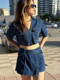 Hot Style Double Front V Collar Head Short Denim Shirt High-Waisted Denim Skirt Suit-Outfit