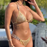 Fongt Hot Beach Vacation Bikini Crystal Diamond Women's Split Swimsuit