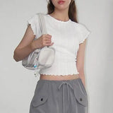 Girls Wear Pure White Refreshing Bow Spliced Tight-Edged Short-Sleeved T-Shirt 2024 Summer New Style-Outfit