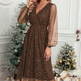 Fongt New V-Collar Elegant Slim Solid Color Stitching Mesh Perspective Sprinkling Powder Dress Female-Outfit