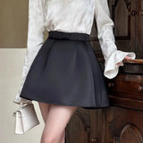 Solid Bow High Waist Mini Skirt With Lining-Outfit