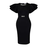 Fongt Summer Round Collar Lotus Sleeves Nailed Diamond Bag Hip Dress Party Party Emptiness Dress