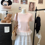 Fongt Lace Spliced Under Hem Short Sleeve Lace T-Shirt Summer New Slim White Collar Showing Thin Bottom