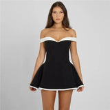 Black Flare White Off-shoulder Mini Dress-Outfit