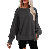 Fongt Women's Clothing 2025 Autumn And Winter New Women's Large Round-Neck Sweatshirt Side Open Fork Long-Sleeved Sweater