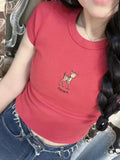 Women Soft Cotton Red Deer Embroidery Tees 2023 Summer Fashion Ladies O Neck Casual Female Short Sleeves Slim Tops-Outfit