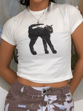 Black Cat Printed Crop Top-Outfit