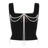 Fairycore Corset Top Women Sweet Contrast Bandage Slim Sleeveless Tank Tops Ladies Cute Sexy Clubwear y2k Aesthetic Tees-Outfit