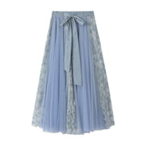Fongt Spring Dress New Bow Tie With High-Waisted Lace Embroidery Splicing Mesh Dress Skirt 8825