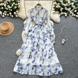 Fongt Dress Women 2025 New Fashion Collar Single Buckle Waist Lace Splicing Lotle Side Print Dress