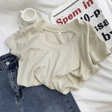 Version Simple Solid Color Threaded U-Collar Short-Sleeved T-Shirt Women Summer New Style Slim Look Thin Pure Desire Hot Girl Blouse Girl-Outfit