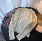 Korean Sweet Cardigan Sweater Women Single Breasted O-neck Long sleeved Knitted Jacket Lady Cropped Tops