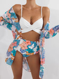 Fongt New 2024 Bikini Gathers The Sexy Mesh Three-Piece Split Print Swimsuit