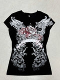 Fongt Gothic Printed Round-Neck T-Shirt Girl 2025 Station Personality Hottie Trend Girl Decor Short-Sleeved Top
