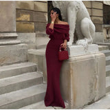 Burgundy Off Shoulder Fold Knit Midi Dress-Outfit