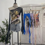 Design-Sensitive One-Shoulder Horn Long-Sleeved Mesh Yarn-Print T-Shirt With Short Tight Top